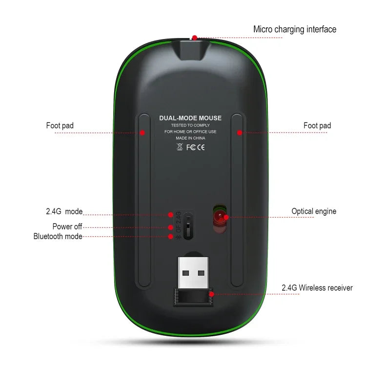 Rato Sem Fios HXSJ T18 2.4GHZ 1600dpi Modo Duplo com Luz, USB + Bluetooth 5.1 Recarregável