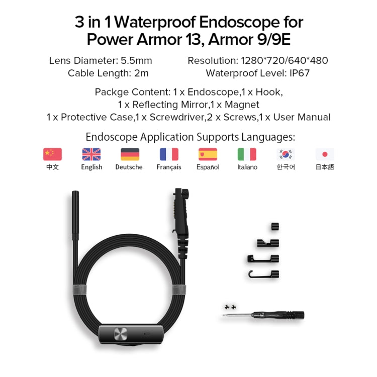 Endoscópio Ulefone E1 IP67 à Prova de Água 3 em 1 para Ulefone Power Armor 21 / 19 / 18T / 16 Pro / 13 / Armor Pad, uSmart E1
