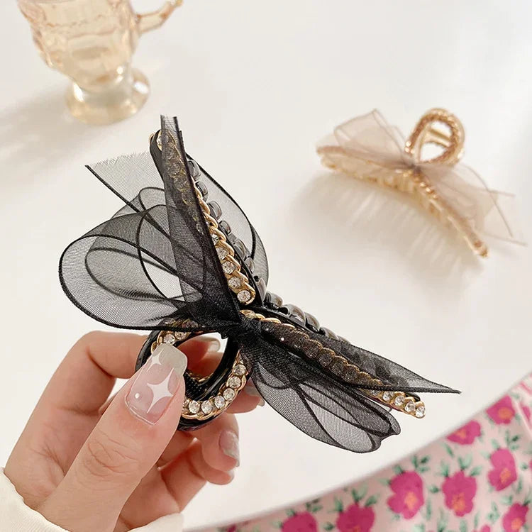 Grampo de Cabelo Estilo Francês com Rede, Laço de Renda e Strass