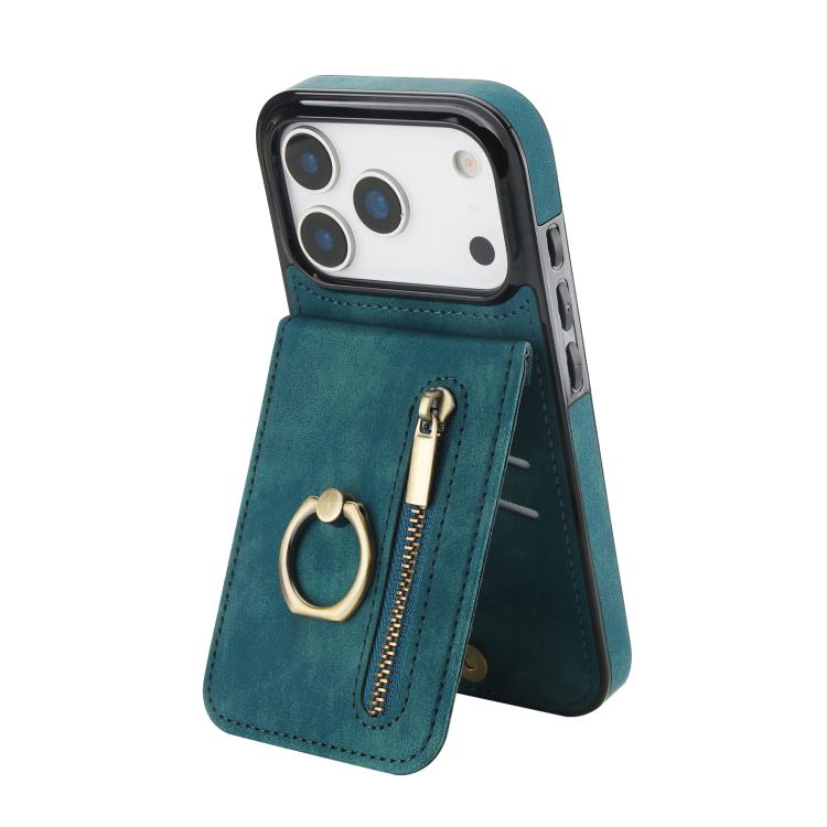 Capa para telemóvel com anel retro e fecho éclair com slot para cartão RFID, para iPhone 17e / 16e, para iPhone 17 Pro Max, para iPhone 17 Pro, para iPhone 17, para iPhone Air, para iPhone 16 Pro Max
