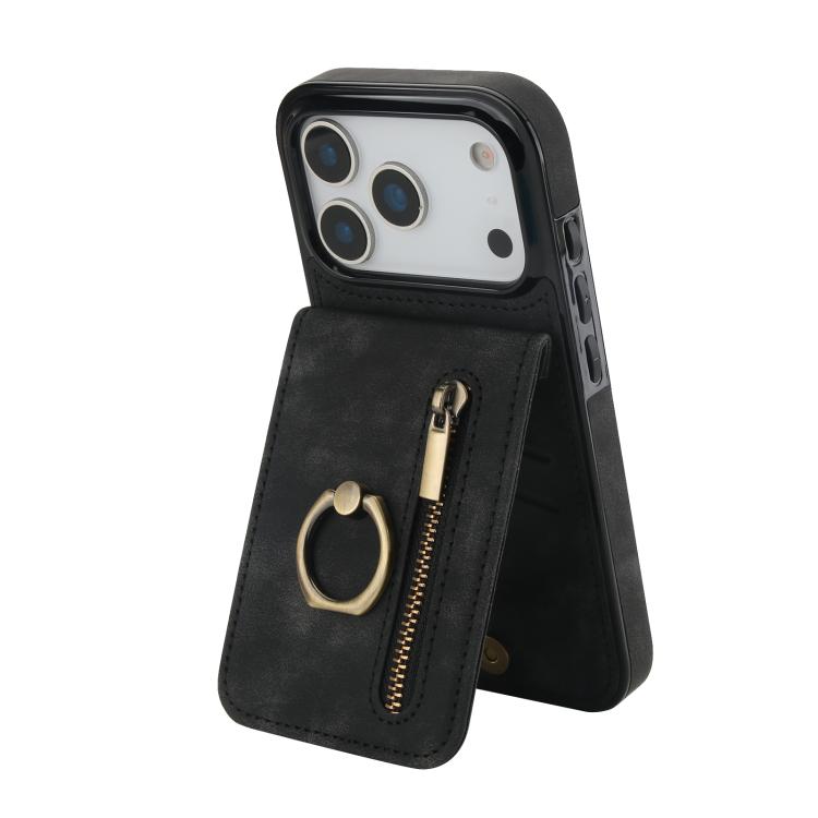 Capa para telemóvel com anel retro e fecho éclair com slot para cartão RFID, para iPhone 17e / 16e, para iPhone 17 Pro Max, para iPhone 17 Pro, para iPhone 17, para iPhone Air, para iPhone 16 Pro Max