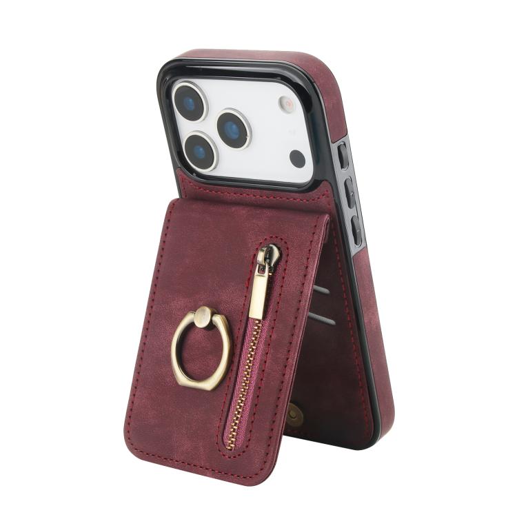 Capa para telemóvel com anel retro e fecho éclair com slot para cartão RFID, para iPhone 17e / 16e, para iPhone 17 Pro Max, para iPhone 17 Pro, para iPhone 17, para iPhone Air, para iPhone 16 Pro Max