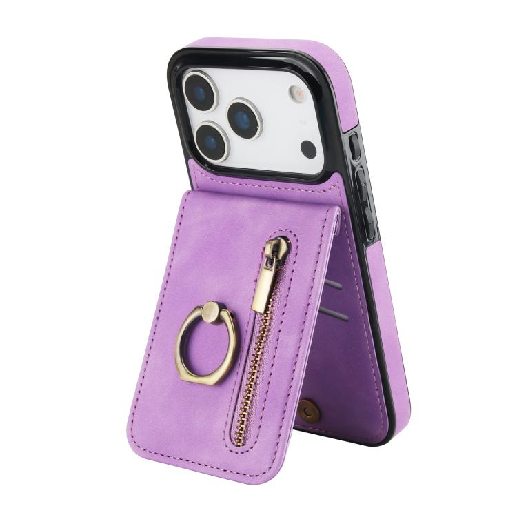 Capa para telemóvel com anel retro e fecho éclair com slot para cartão RFID, para iPhone 17e / 16e, para iPhone 17 Pro Max, para iPhone 17 Pro, para iPhone 17, para iPhone Air, para iPhone 16 Pro Max