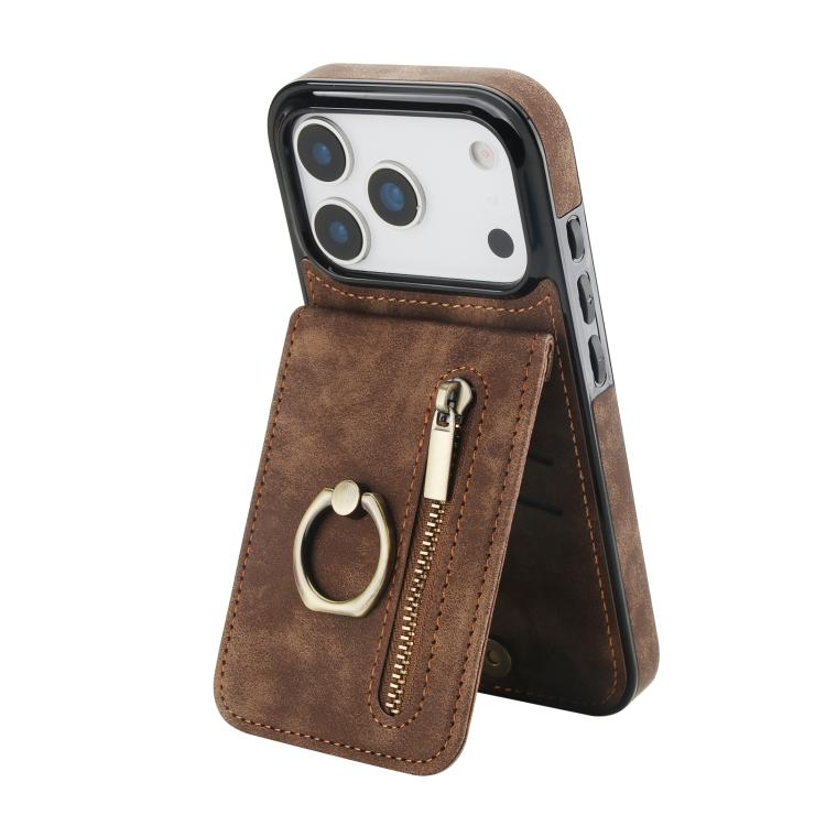 Capa para telemóvel com anel retro e fecho éclair com slot para cartão RFID, para iPhone 17e / 16e, para iPhone 17 Pro Max, para iPhone 17 Pro, para iPhone 17, para iPhone Air, para iPhone 16 Pro Max