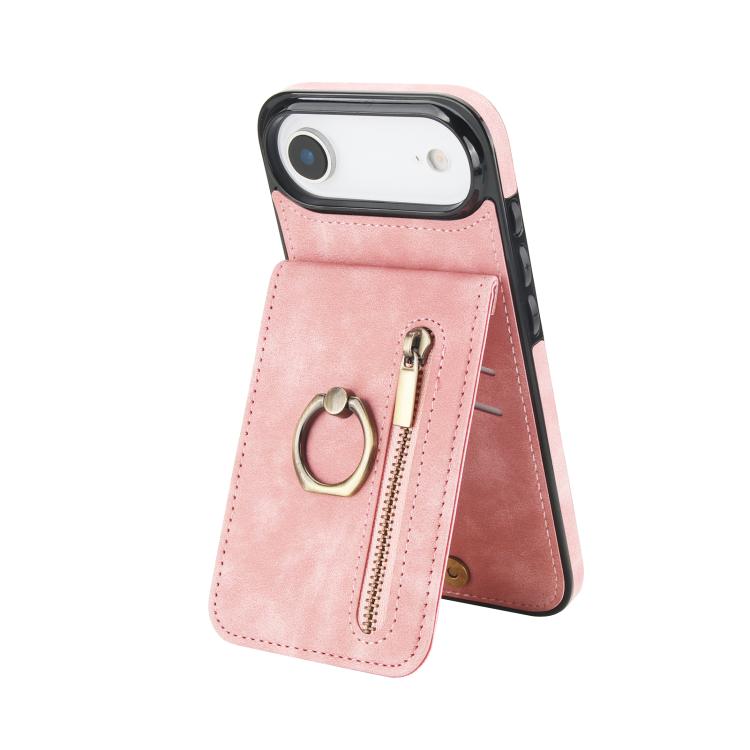 Capa para telemóvel com anel retro e fecho éclair com slot para cartão RFID, para iPhone 17e / 16e, para iPhone 17 Pro Max, para iPhone 17 Pro, para iPhone 17, para iPhone Air, para iPhone 16 Pro Max