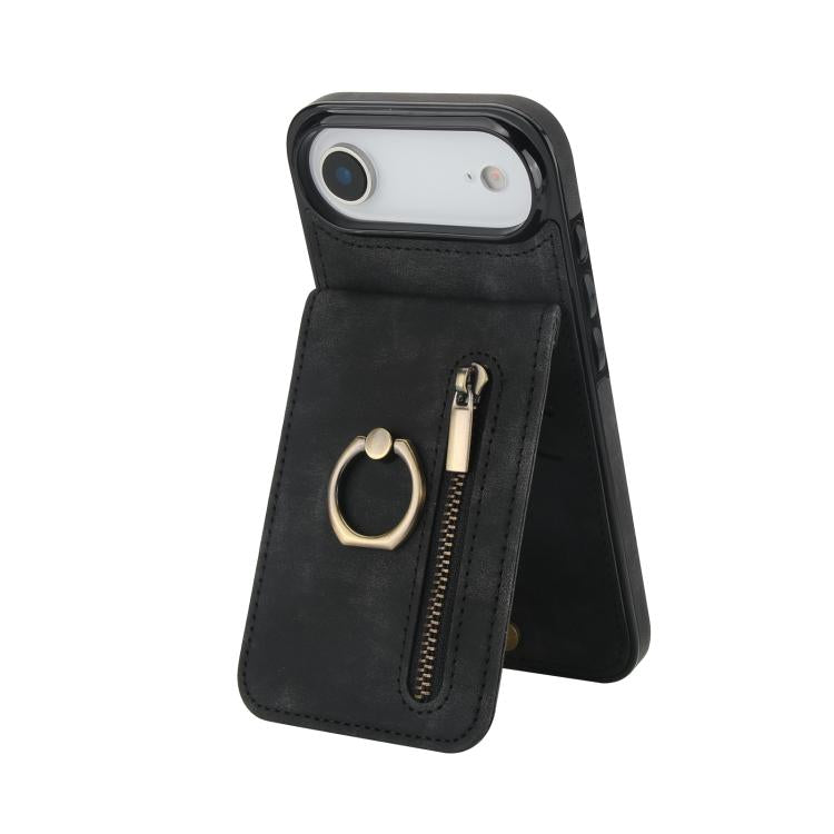 Capa para telemóvel com anel retro e fecho éclair com slot para cartão RFID, para iPhone 17e / 16e, para iPhone 17 Pro Max, para iPhone 17 Pro, para iPhone 17, para iPhone Air, para iPhone 16 Pro Max
