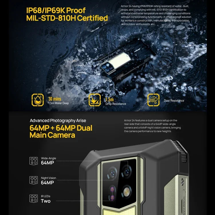 Ulefone Armor 24, telemóvel robusto, impressão digital lateral, 22000mAh, 6,78 polegadas Android 14 MediaTek Helio G96 Octa Core, Rede: 4G, NFC, Armor 24
