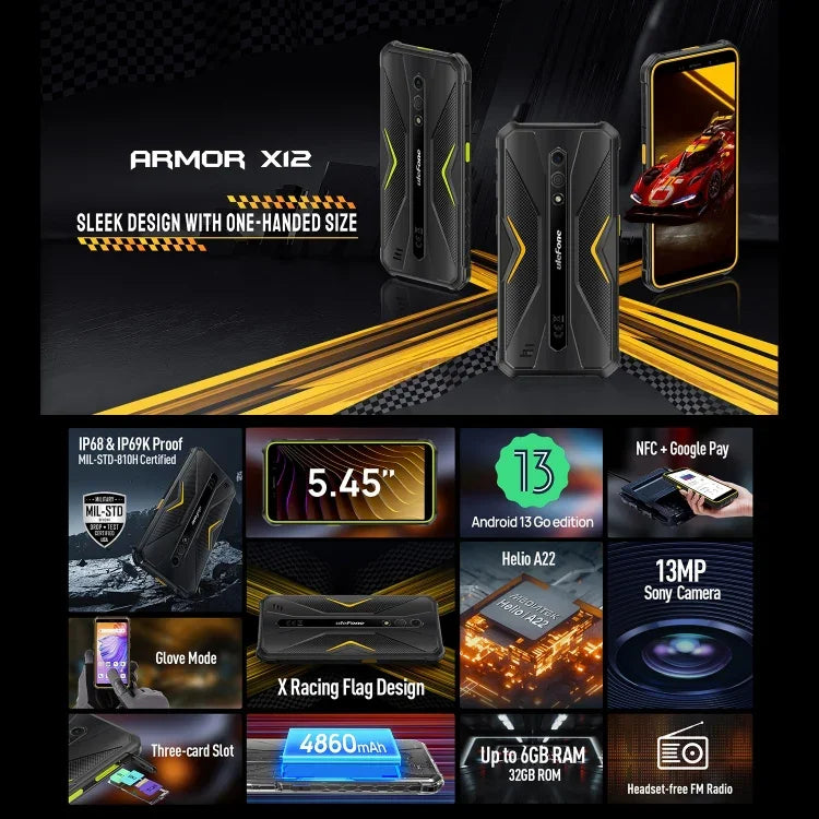 Ulefone Armor X12, telemóvel robusto, desbloqueio facial, 5,45 polegadas Android 13 Go MediaTek Helio A22 Quad Core, Rede: 4G, NFC, 3GB+32GB
