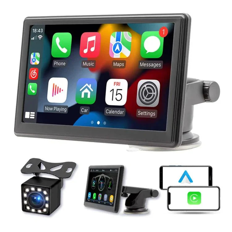 Ecrã Inteligente Portátil IPS de 7 polegadas para Carro com Projeção Sem Fios Carplay Android Auto, com Câmara de Marcha-atrás, com Câmara de Marcha-atrás