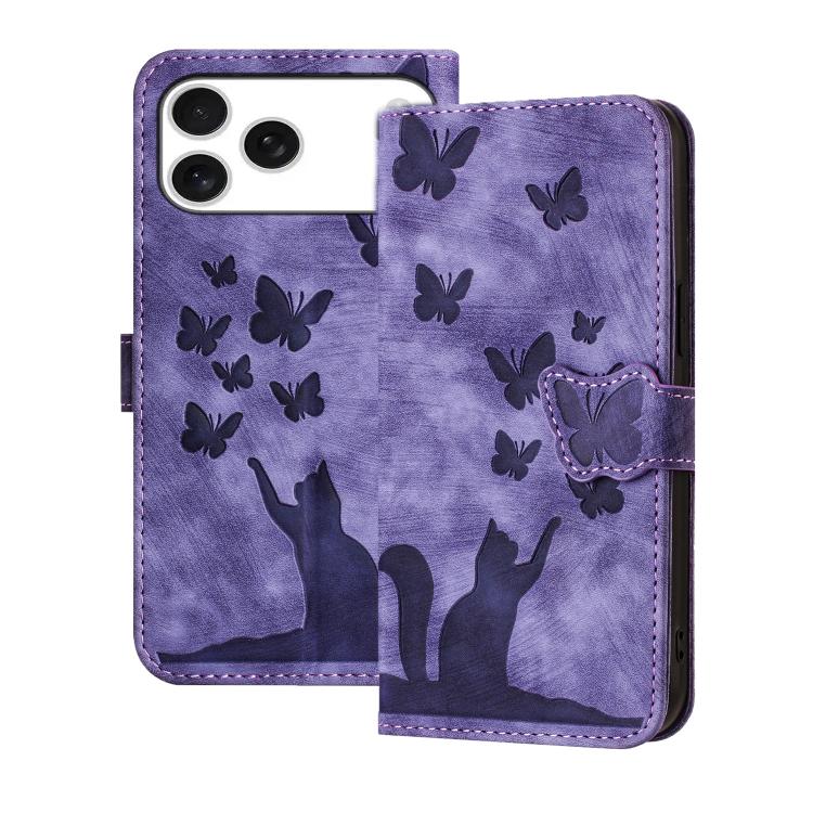 Capa para telemóvel em couro com relevo de borboleta e gato, para iPhone 17 Pro Max, para iPhone 17 Pro, para iPhone 17, para iPhone Air, para iPhone 15 Pro Max, para iPhone 15 Pro, para iPhone 15 Plus, para iPhone 15, para iPhone 14 Plus