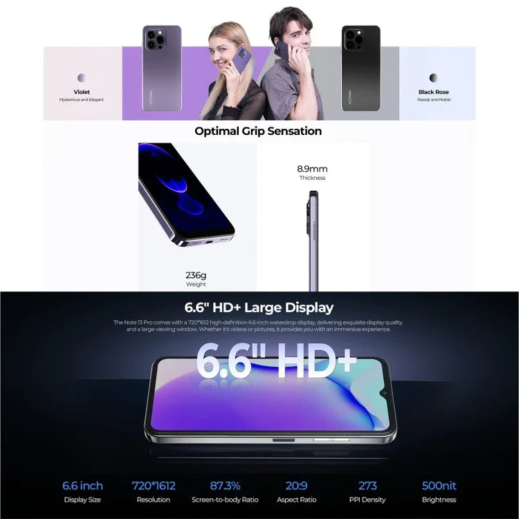 HOTWAV Note 13 Pro, Identificação lateral por impressão digital, 6,6 polegadas Android 13 UMS9230 T606 Octa Core até 1,6GHz, Rede: 4G, OTG, 8GB+256GB
