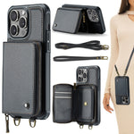 Capa carteira em couro JEEHOOD série C22 com fecho éclair e cordão duplo, para iPhone 17 Pro Max, para iPhone 17 Pro, para iPhone Air, para iPhone 16 Pro Max, para iPhone 16 Pro, para iPhone 16 Plus, para iPhone 16, para iPhone 15 Pro Max