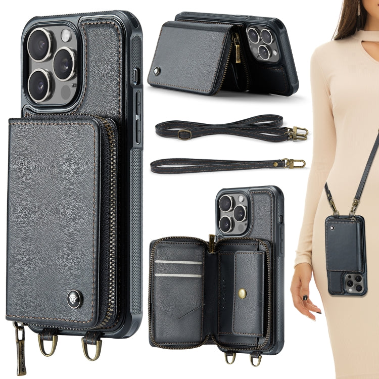 Capa carteira em couro JEEHOOD série C22 com fecho éclair e cordão duplo, para iPhone 17 Pro Max, para iPhone 17 Pro, para iPhone Air, para iPhone 16 Pro Max, para iPhone 16 Pro, para iPhone 16 Plus, para iPhone 16, para iPhone 15 Pro Max