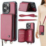 Capa carteira em couro JEEHOOD série C22 com fecho éclair e cordão duplo, para iPhone 17 Pro Max, para iPhone 17 Pro, para iPhone Air, para iPhone 16 Pro Max, para iPhone 16 Pro, para iPhone 16 Plus, para iPhone 16, para iPhone 15 Pro Max