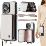 Capa carteira em couro JEEHOOD série C22 com fecho éclair e cordão duplo, para iPhone 17 Pro Max, para iPhone 17 Pro, para iPhone Air, para iPhone 16 Pro Max, para iPhone 16 Pro, para iPhone 16 Plus, para iPhone 16, para iPhone 15 Pro Max