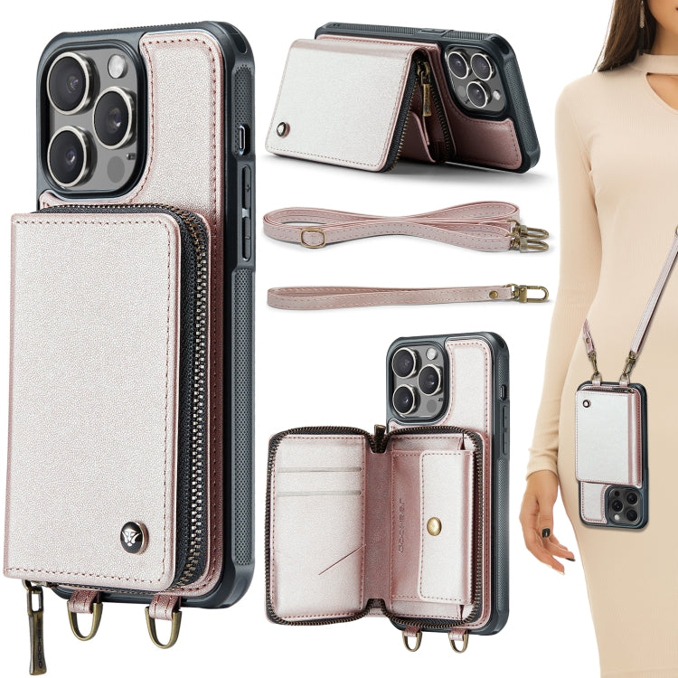 Capa carteira em couro JEEHOOD série C22 com fecho éclair e cordão duplo, para iPhone 17 Pro Max, para iPhone 17 Pro, para iPhone Air, para iPhone 16 Pro Max, para iPhone 16 Pro, para iPhone 16 Plus, para iPhone 16, para iPhone 15 Pro Max