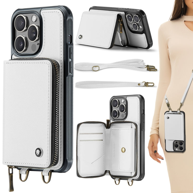 Capa carteira em couro JEEHOOD série C22 com fecho éclair e cordão duplo, para iPhone 17 Pro Max, para iPhone 17 Pro, para iPhone Air, para iPhone 16 Pro Max, para iPhone 16 Pro, para iPhone 16 Plus, para iPhone 16, para iPhone 15 Pro Max