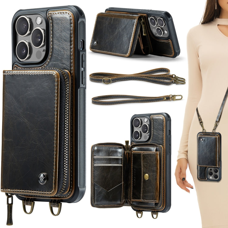 Capa carteira em couro JEEHOOD série C22 com fecho éclair e cordão duplo, para iPhone 17 Pro Max, para iPhone 17 Pro, para iPhone Air, para iPhone 16 Pro Max, para iPhone 16 Pro, para iPhone 16 Plus, para iPhone 16, para iPhone 15 Pro Max