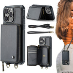 Capa carteira em couro JEEHOOD série C22 com fecho éclair e cordão duplo, para iPhone 17 Pro Max, para iPhone 17 Pro, para iPhone Air, para iPhone 16 Pro Max, para iPhone 16 Pro, para iPhone 16 Plus, para iPhone 16, para iPhone 15 Pro Max