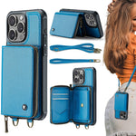 Capa carteira em couro JEEHOOD série C22 com fecho éclair e cordão duplo, para iPhone 17 Pro Max, para iPhone 17 Pro, para iPhone Air, para iPhone 16 Pro Max, para iPhone 16 Pro, para iPhone 16 Plus, para iPhone 16, para iPhone 15 Pro Max