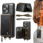 Capa carteira em couro JEEHOOD série C22 com fecho éclair e cordão duplo, para iPhone 17 Pro Max, para iPhone 17 Pro, para iPhone Air, para iPhone 16 Pro Max, para iPhone 16 Pro, para iPhone 16 Plus, para iPhone 16, para iPhone 15 Pro Max