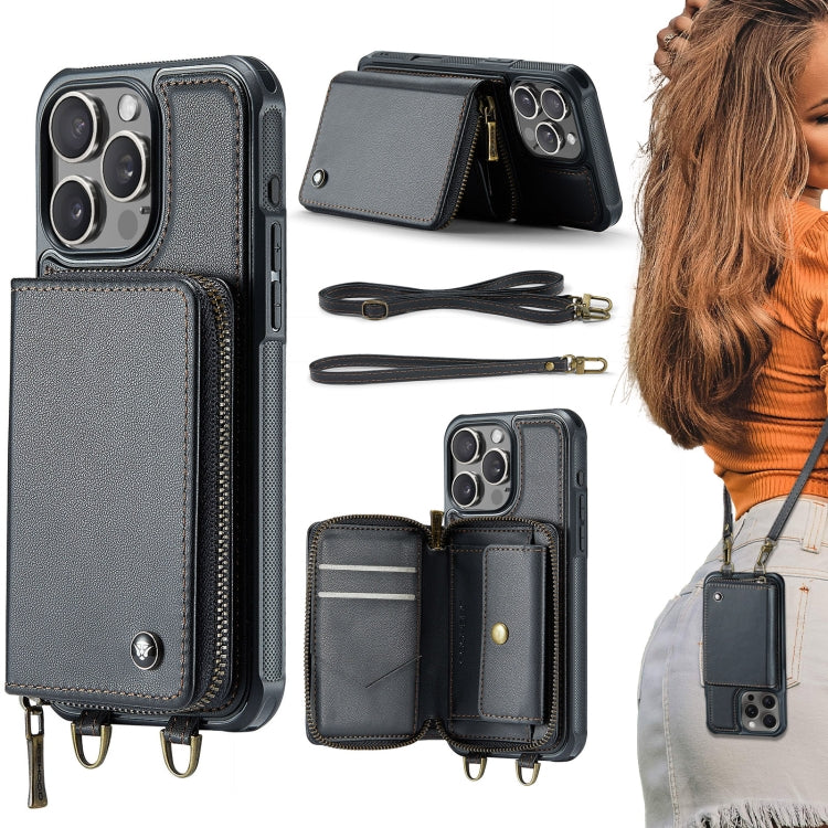 Capa carteira em couro JEEHOOD série C22 com fecho éclair e cordão duplo, para iPhone 17 Pro Max, para iPhone 17 Pro, para iPhone Air, para iPhone 16 Pro Max, para iPhone 16 Pro, para iPhone 16 Plus, para iPhone 16, para iPhone 15 Pro Max