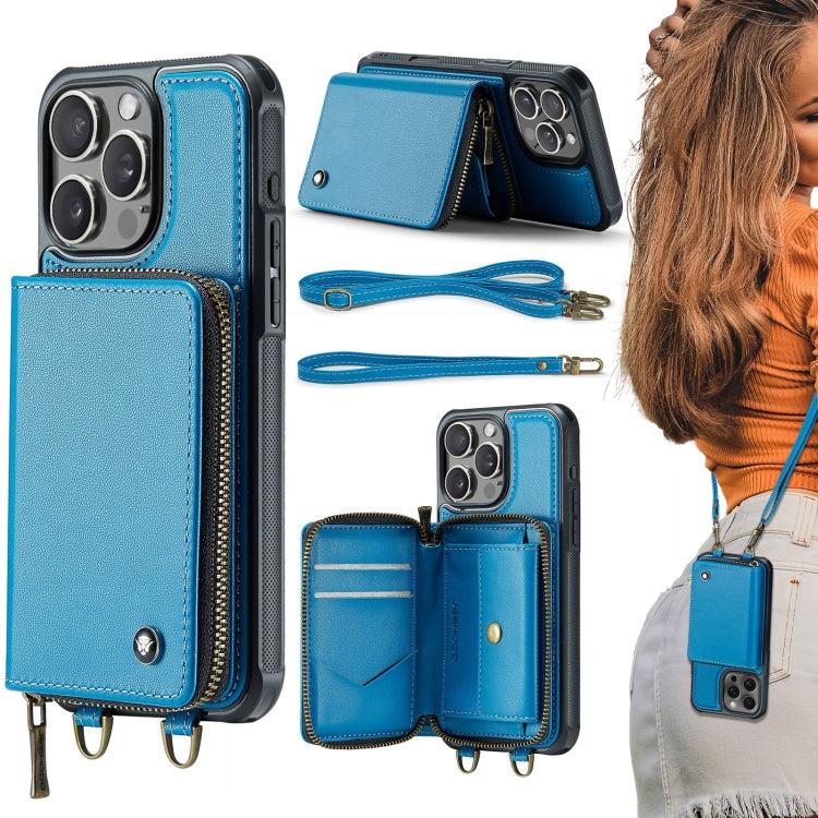Capa carteira em couro JEEHOOD série C22 com fecho éclair e cordão duplo, para iPhone 17 Pro Max, para iPhone 17 Pro, para iPhone Air, para iPhone 16 Pro Max, para iPhone 16 Pro, para iPhone 16 Plus, para iPhone 16, para iPhone 15 Pro Max