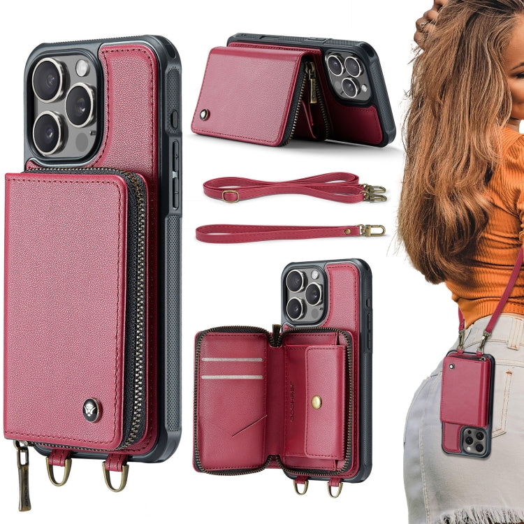 Capa carteira em couro JEEHOOD série C22 com fecho éclair e cordão duplo, para iPhone 17 Pro Max, para iPhone 17 Pro, para iPhone Air, para iPhone 16 Pro Max, para iPhone 16 Pro, para iPhone 16 Plus, para iPhone 16, para iPhone 15 Pro Max