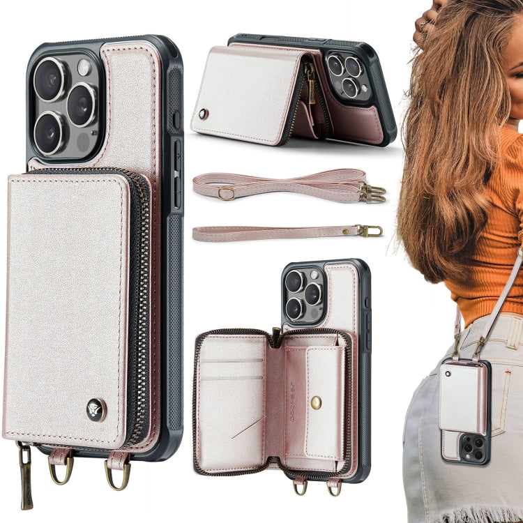 Capa carteira em couro JEEHOOD série C22 com fecho éclair e cordão duplo, para iPhone 17 Pro Max, para iPhone 17 Pro, para iPhone Air, para iPhone 16 Pro Max, para iPhone 16 Pro, para iPhone 16 Plus, para iPhone 16, para iPhone 15 Pro Max