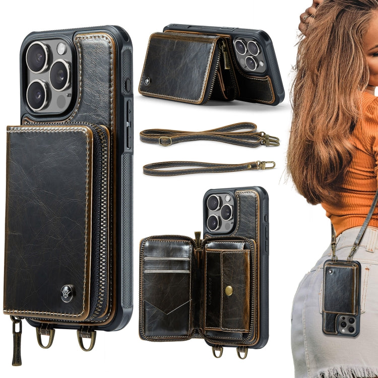 Capa carteira em couro JEEHOOD série C22 com fecho éclair e cordão duplo, para iPhone 17 Pro Max, para iPhone 17 Pro, para iPhone Air, para iPhone 16 Pro Max, para iPhone 16 Pro, para iPhone 16 Plus, para iPhone 16, para iPhone 15 Pro Max