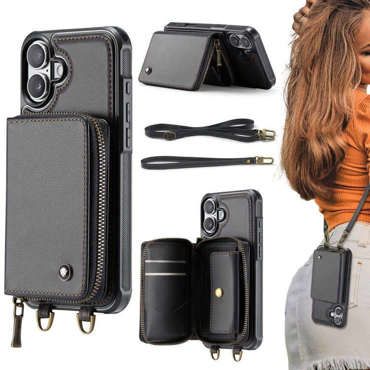 Capa carteira em couro JEEHOOD série C22 com fecho éclair e cordão duplo, para iPhone 17 Pro Max, para iPhone 17 Pro, para iPhone Air, para iPhone 16 Pro Max, para iPhone 16 Pro, para iPhone 16 Plus, para iPhone 16, para iPhone 15 Pro Max