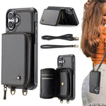 Capa carteira em couro JEEHOOD série C22 com fecho éclair e cordão duplo, para iPhone 17 Pro Max, para iPhone 17 Pro, para iPhone Air, para iPhone 16 Pro Max, para iPhone 16 Pro, para iPhone 16 Plus, para iPhone 16, para iPhone 15 Pro Max