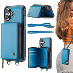 Capa carteira em couro JEEHOOD série C22 com fecho éclair e cordão duplo, para iPhone 17 Pro Max, para iPhone 17 Pro, para iPhone Air, para iPhone 16 Pro Max, para iPhone 16 Pro, para iPhone 16 Plus, para iPhone 16, para iPhone 15 Pro Max