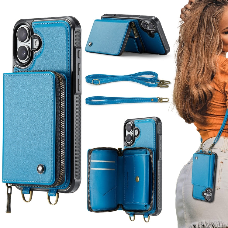 Capa carteira em couro JEEHOOD série C22 com fecho éclair e cordão duplo, para iPhone 17 Pro Max, para iPhone 17 Pro, para iPhone Air, para iPhone 16 Pro Max, para iPhone 16 Pro, para iPhone 16 Plus, para iPhone 16, para iPhone 15 Pro Max