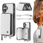 Capa carteira em couro JEEHOOD série C22 com fecho éclair e cordão duplo, para iPhone 17 Pro Max, para iPhone 17 Pro, para iPhone Air, para iPhone 16 Pro Max, para iPhone 16 Pro, para iPhone 16 Plus, para iPhone 16, para iPhone 15 Pro Max