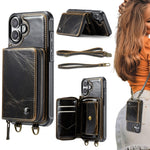 Capa carteira em couro JEEHOOD série C22 com fecho éclair e cordão duplo, para iPhone 17 Pro Max, para iPhone 17 Pro, para iPhone Air, para iPhone 16 Pro Max, para iPhone 16 Pro, para iPhone 16 Plus, para iPhone 16, para iPhone 15 Pro Max