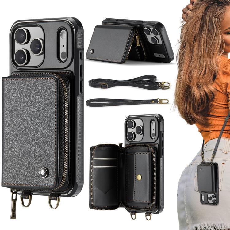 Capa carteira em couro JEEHOOD série C22 com fecho éclair e cordão duplo, para iPhone 17 Pro Max, para iPhone 17 Pro, para iPhone Air, para iPhone 16 Pro Max, para iPhone 16 Pro, para iPhone 16 Plus, para iPhone 16, para iPhone 15 Pro Max