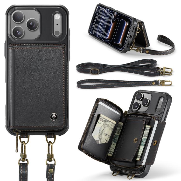 Capa carteira em couro JEEHOOD série C22 com fecho éclair e cordão duplo, para iPhone 17 Pro Max, para iPhone 17 Pro, para iPhone Air, para iPhone 16 Pro Max, para iPhone 16 Pro, para iPhone 16 Plus, para iPhone 16, para iPhone 15 Pro Max