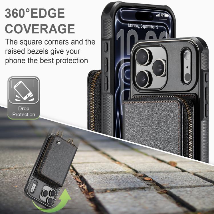 Capa carteira em couro JEEHOOD série C22 com fecho éclair e cordão duplo, para iPhone 17 Pro Max, para iPhone 17 Pro, para iPhone Air, para iPhone 16 Pro Max, para iPhone 16 Pro, para iPhone 16 Plus, para iPhone 16, para iPhone 15 Pro Max
