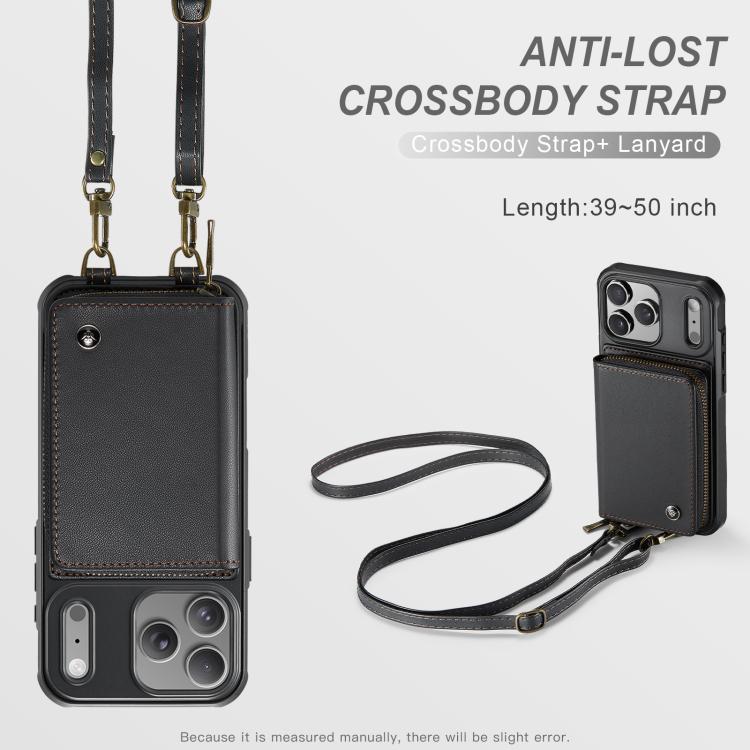 Capa carteira em couro JEEHOOD série C22 com fecho éclair e cordão duplo, para iPhone 17 Pro Max, para iPhone 17 Pro, para iPhone Air, para iPhone 16 Pro Max, para iPhone 16 Pro, para iPhone 16 Plus, para iPhone 16, para iPhone 15 Pro Max