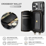 Capa carteira em couro JEEHOOD série C22 com fecho éclair e cordão duplo, para iPhone 17 Pro Max, para iPhone 17 Pro, para iPhone Air, para iPhone 16 Pro Max, para iPhone 16 Pro, para iPhone 16 Plus, para iPhone 16, para iPhone 15 Pro Max