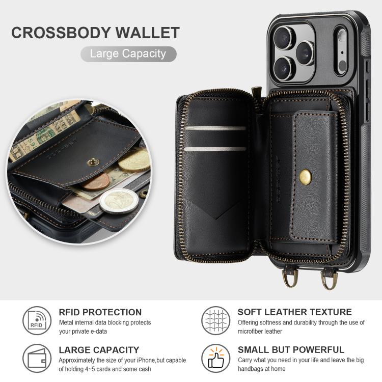 Capa carteira em couro JEEHOOD série C22 com fecho éclair e cordão duplo, para iPhone 17 Pro Max, para iPhone 17 Pro, para iPhone Air, para iPhone 16 Pro Max, para iPhone 16 Pro, para iPhone 16 Plus, para iPhone 16, para iPhone 15 Pro Max