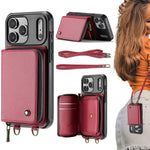 Capa carteira em couro JEEHOOD série C22 com fecho éclair e cordão duplo, para iPhone 17 Pro Max, para iPhone 17 Pro, para iPhone Air, para iPhone 16 Pro Max, para iPhone 16 Pro, para iPhone 16 Plus, para iPhone 16, para iPhone 15 Pro Max