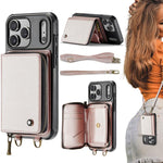 Capa carteira em couro JEEHOOD série C22 com fecho éclair e cordão duplo, para iPhone 17 Pro Max, para iPhone 17 Pro, para iPhone Air, para iPhone 16 Pro Max, para iPhone 16 Pro, para iPhone 16 Plus, para iPhone 16, para iPhone 15 Pro Max