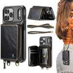Capa carteira em couro JEEHOOD série C22 com fecho éclair e cordão duplo, para iPhone 17 Pro Max, para iPhone 17 Pro, para iPhone Air, para iPhone 16 Pro Max, para iPhone 16 Pro, para iPhone 16 Plus, para iPhone 16, para iPhone 15 Pro Max