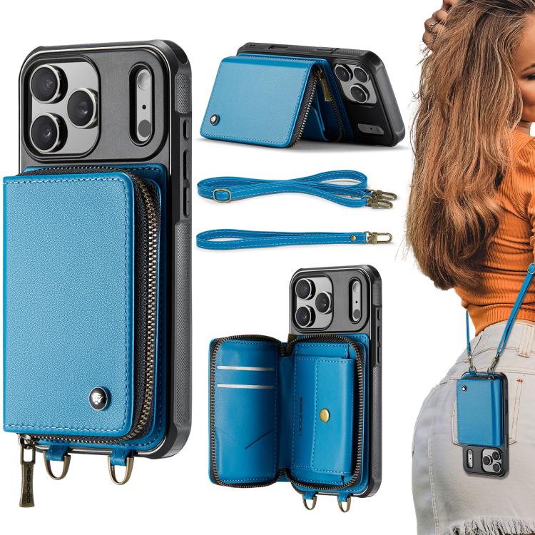 Capa carteira em couro JEEHOOD série C22 com fecho éclair e cordão duplo, para iPhone 17 Pro Max, para iPhone 17 Pro, para iPhone Air, para iPhone 16 Pro Max, para iPhone 16 Pro, para iPhone 16 Plus, para iPhone 16, para iPhone 15 Pro Max