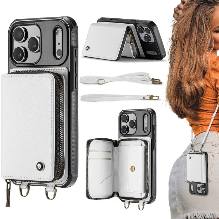 Capa carteira em couro JEEHOOD série C22 com fecho éclair e cordão duplo, para iPhone 17 Pro Max, para iPhone 17 Pro, para iPhone Air, para iPhone 16 Pro Max, para iPhone 16 Pro, para iPhone 16 Plus, para iPhone 16, para iPhone 15 Pro Max
