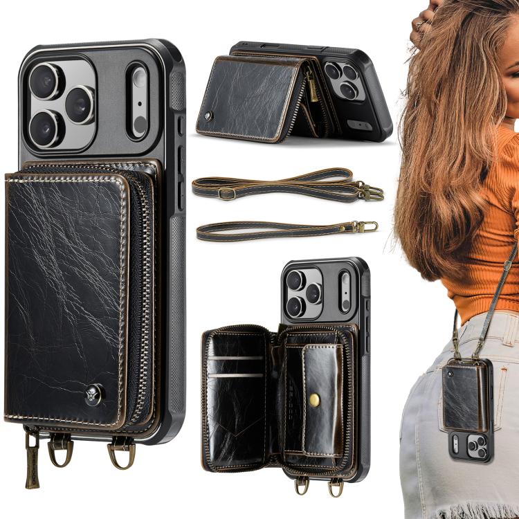 Capa carteira em couro JEEHOOD série C22 com fecho éclair e cordão duplo, para iPhone 17 Pro Max, para iPhone 17 Pro, para iPhone Air, para iPhone 16 Pro Max, para iPhone 16 Pro, para iPhone 16 Plus, para iPhone 16, para iPhone 15 Pro Max