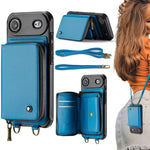 Capa carteira em couro JEEHOOD série C22 com fecho éclair e cordão duplo, para iPhone 17 Pro Max, para iPhone 17 Pro, para iPhone Air, para iPhone 16 Pro Max, para iPhone 16 Pro, para iPhone 16 Plus, para iPhone 16, para iPhone 15 Pro Max
