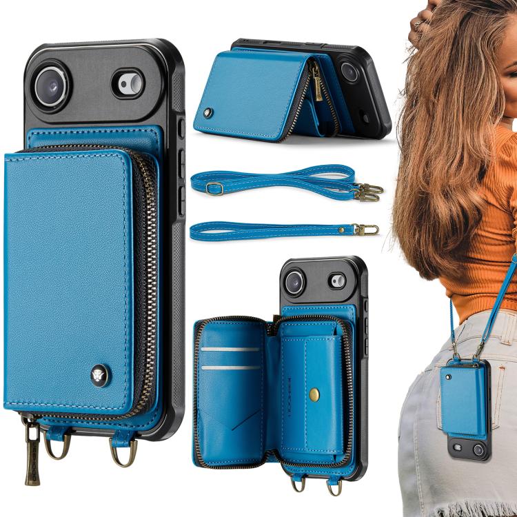 Capa carteira em couro JEEHOOD série C22 com fecho éclair e cordão duplo, para iPhone 17 Pro Max, para iPhone 17 Pro, para iPhone Air, para iPhone 16 Pro Max, para iPhone 16 Pro, para iPhone 16 Plus, para iPhone 16, para iPhone 15 Pro Max